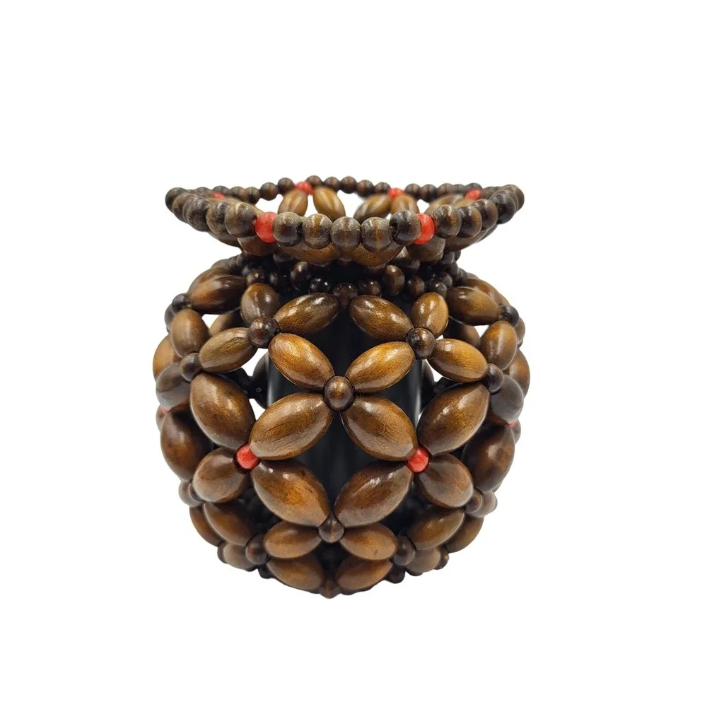 Wood Bead Flower Planter Vase w/ Insert Vintage 70s Mid Century‎ Modern Boho
